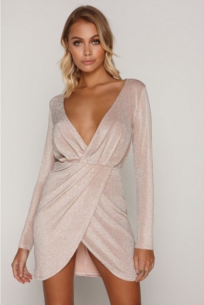 TAMMY HEMBROW NUDE GLITTER WRAP PLUNGE FRONT MINI DRESS ~ plunging party dresses
