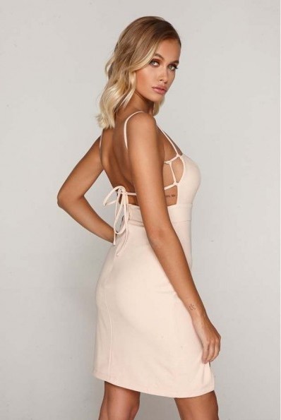 TAMMY HEMBROW NUDE SQUARE NECK THIGH SPLIT DRESS ~ strappy party dresses - flipped