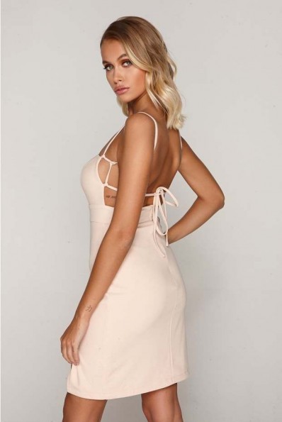 TAMMY HEMBROW NUDE SQUARE NECK THIGH SPLIT DRESS ~ strappy party dresses
