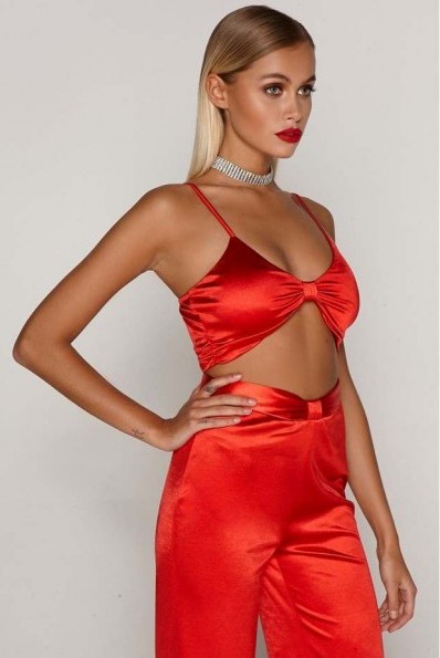 TAMMY HEMBROW RED SATIN KNOT FRONT CROP TOP ~ cropped going out tops ~ silky strappy bralets - flipped