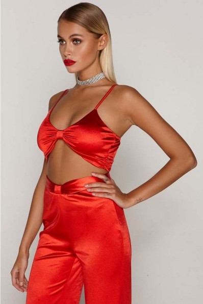 TAMMY HEMBROW RED SATIN KNOT FRONT CROP TOP ~ cropped going out tops ~ silky strappy bralets