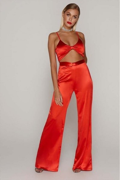 TAMMY HEMBROW RED SATIN KNOT FRONT WIDE LEG TROUSERS ~ slinky going out pants - flipped