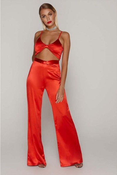 TAMMY HEMBROW RED SATIN KNOT FRONT WIDE LEG TROUSERS ~ slinky going out pants