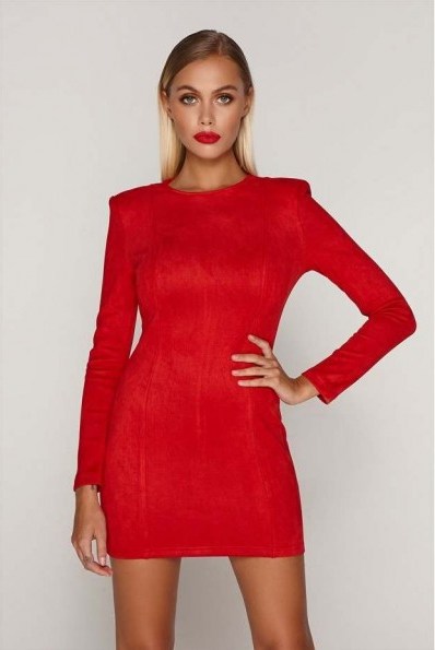 TAMMY HEMBROW RED SUEDE SHOULDER PAD MINI DRESS - flipped