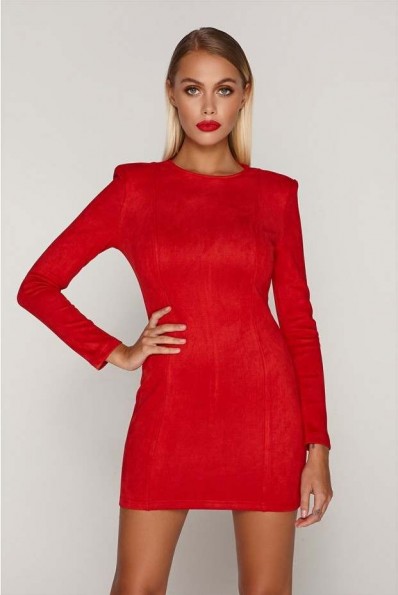 TAMMY HEMBROW RED SUEDE SHOULDER PAD MINI DRESS