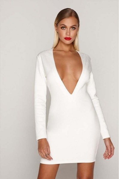 TAMMY HEMBROW WHITE SUEDE PLUNGE MINI DRESS ~ deep V front party dresses - flipped
