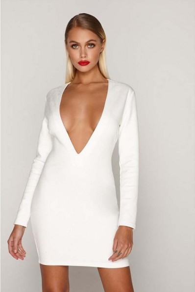 TAMMY HEMBROW WHITE SUEDE PLUNGE MINI DRESS ~ deep V front party dresses