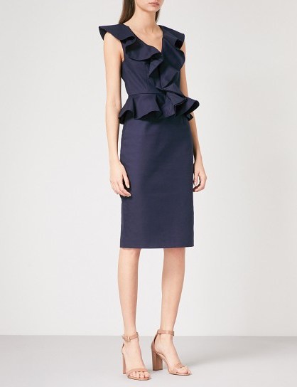 TED BAKER Igune ruffle-front stretch-cotton dress / navy blue party dresses - flipped