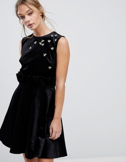 Ted Baker Velvet Skater Dress with Embellished Queen Bees | black fit and flare party dress | evening luxe - flipped