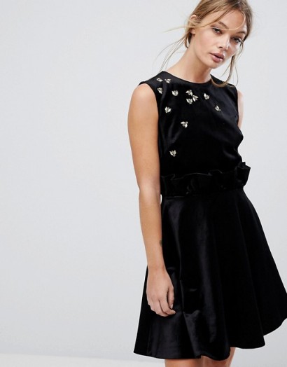 Ted Baker Velvet Skater Dress with Embellished Queen Bees | black fit and flare party dress | evening luxe