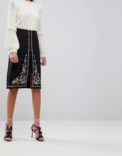 Ted Baker Vicks A-Line Midi Skirt with Floral Embroidery | occasion skirts - flipped