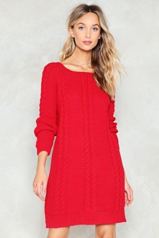 NASTY GAL Tell Me About Knit Dress – red cable knitted sweater dresses - flipped