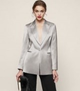 REISS TEYA SATIN TUX BLAZER FLINT / silver grey blazers / women’s evening jackets / luxurious silky tuxedo