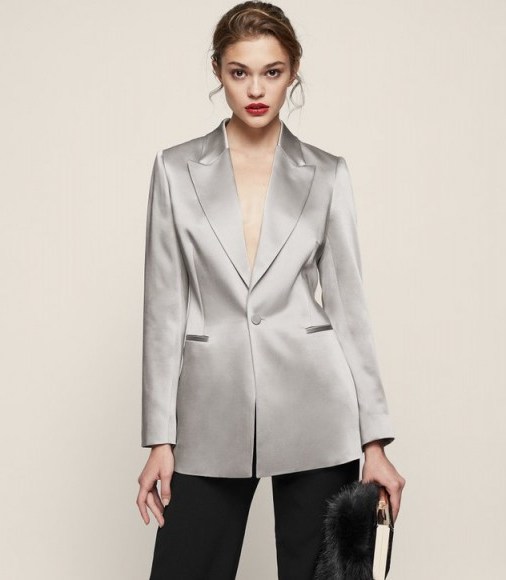 REISS TEYA SATIN TUX BLAZER FLINT / silver grey blazers / women’s evening jackets / luxurious silky tuxedo - flipped