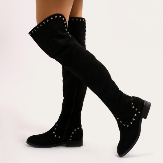 PUBLIC DESIRE THEMIS STUDDED OVER THE KNEE BOOTS IN BLACK FAUX SUEDE ~ stud embellished flat boots - flipped