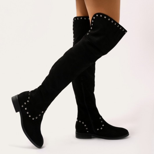 PUBLIC DESIRE THEMIS STUDDED OVER THE KNEE BOOTS IN BLACK FAUX SUEDE ~ stud embellished flat boots