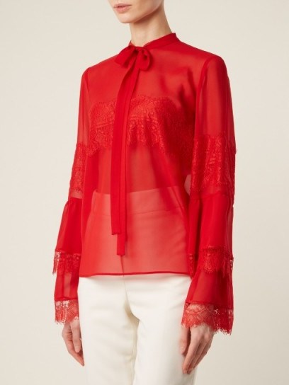 GIAMBATTISTA VALLI Tie-neck lace-trimmed silk-georgette blouse ~ sheer red blouse ~ romantic style - flipped