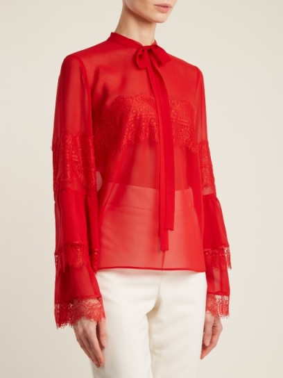 GIAMBATTISTA VALLI Tie-neck lace-trimmed silk-georgette blouse ~ sheer red blouse ~ romantic style