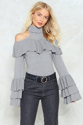 NASTY GAL Tier Lies Nothin’ Cold Shoulder Top – grey ruffled tops - flipped
