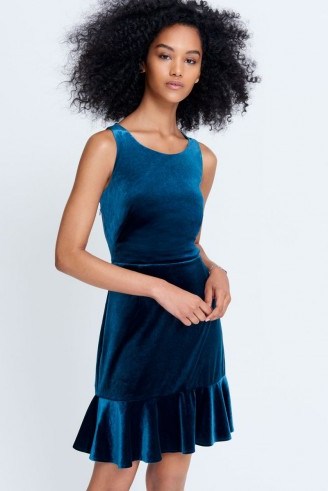 REBECCA MINKOFF TIFFANY DRESS | blue velvet fluted hem dresses - flipped