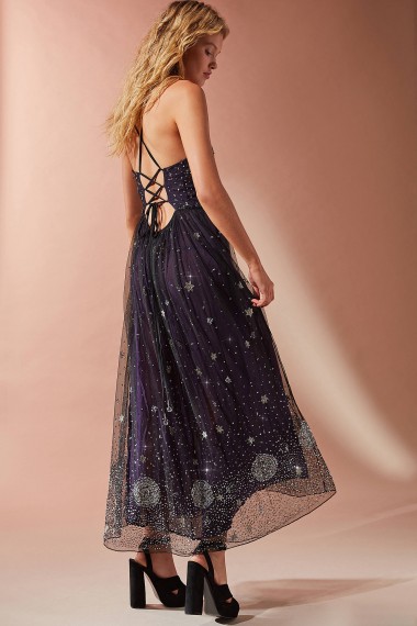 UO Darkest Hour Embroidered Sequin Midi Dress / shimmering strappy back dresses