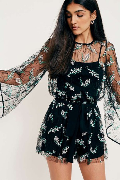 UO Jordana Embroidered Floral Mesh Playsuit ~ semi sheer party playsuits
