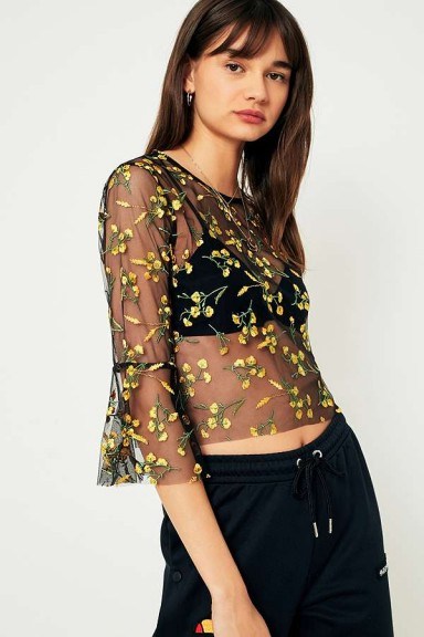 Urban Outfitters Embroidered Mesh Romantic Fluted Sleeve Top ~ sheer floral tops - flipped