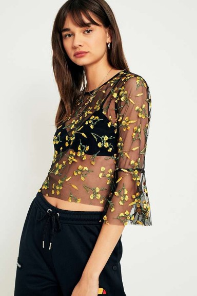 Urban Outfitters Embroidered Mesh Romantic Fluted Sleeve Top ~ sheer floral tops