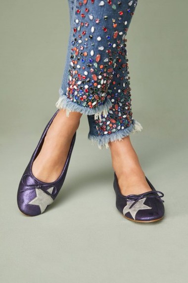 Vanessa Wu Star Ballet Flats | navy-blue metallic flat shoes - flipped