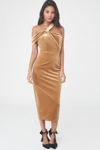 Lavish Alice Velvet Asymmetric Midi Dress in Gold ~ luxe style party dresses