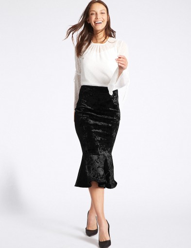 M&S COLLECTION Velvet Fishtail Midi Skirt / black fluted hem skirts / Marks and Spencer evening fashion