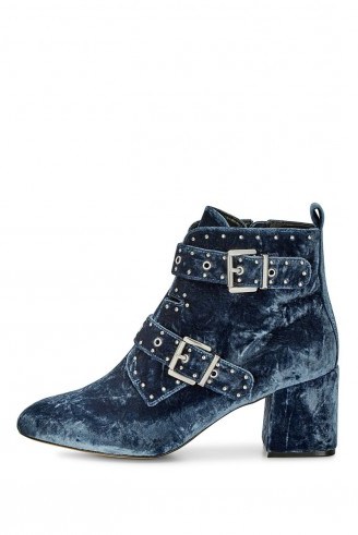 REBECCA MINKOFF VELVET LOGAN BOOTIE | blue buckle booties | luxe ankle boots - flipped
