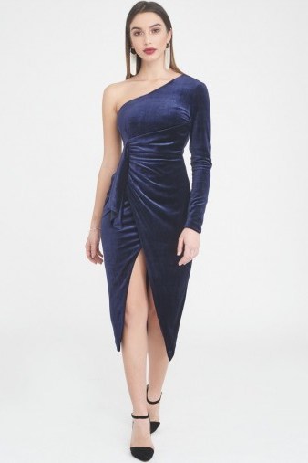LAVISH ALICE Velvet One Shoulder Wrap Midi Dress | luxe style party dresses - flipped
