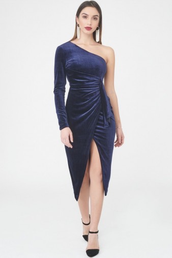 LAVISH ALICE Velvet One Shoulder Wrap Midi Dress | luxe style party dresses