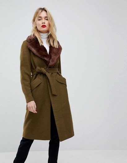 Vero Moda Long Wool Coat With Faux Fur Collar Green ~ winter tie belt coats - flipped