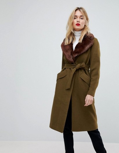 Vero Moda Long Wool Coat With Faux Fur Collar Green ~ winter tie belt coats