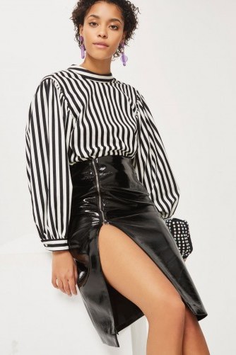 Topshop Vinyl Split Midi Skirt | shiny black front slit skirts - flipped