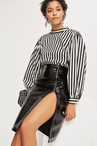 Topshop Vinyl Split Midi Skirt | shiny black front slit skirts