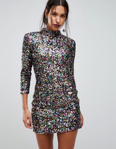 Warehouse Rainbow Sequin Shift Dress – sparkly party dresses - flipped