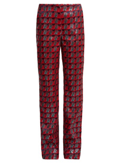 DIANE VON FURSTENBERG Waved-check jacquard straight-leg trousers ~ metallic-red suit trousers