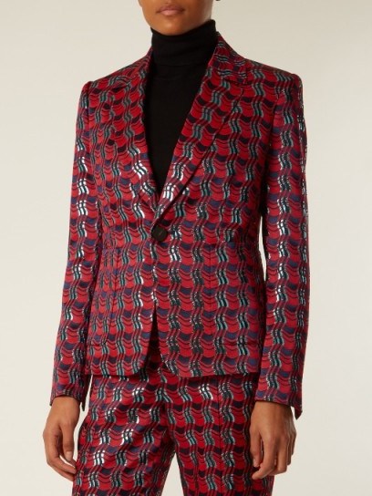 DIANE VON FURSTENBERG Waved-check single-breasted jacquard jacket ~ metallic-red suit jackets - flipped