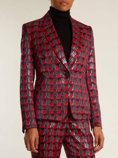 DIANE VON FURSTENBERG Waved-check single-breasted jacquard jacket ~ metallic-red suit jackets