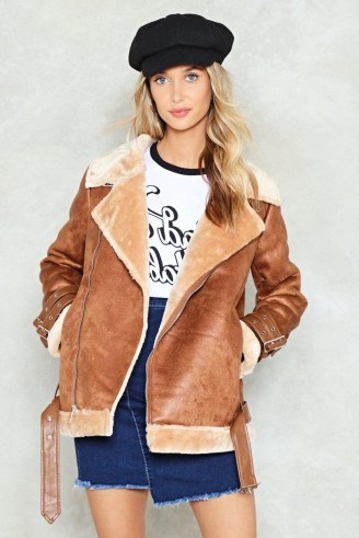 NASTY GAL What Are You Waiting Fur Aviator Jacket / tan brown winter jackets - flipped
