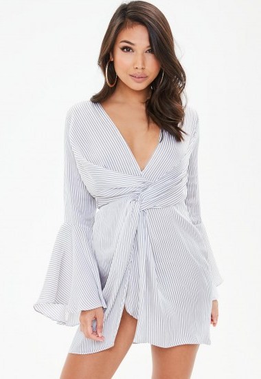 missguided white flared sleeve striped plunge shift dress ~ draped front party dresses - flipped