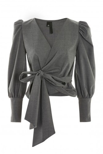 Topshop Wrap Long Sleeve Blouse | grey puff sleeved blouses - flipped