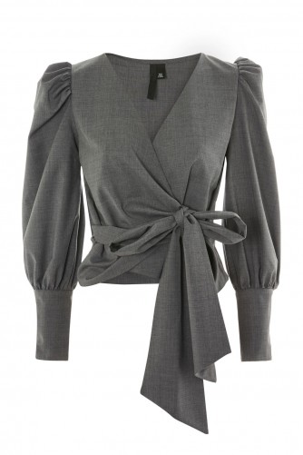 Topshop Wrap Long Sleeve Blouse | grey puff sleeved blouses