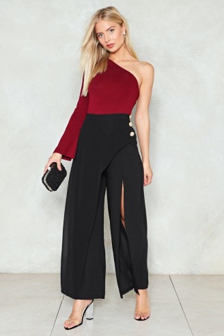NASTY GAL Wrap Up Warm Wide-Leg Pants – black slit leg trousers – going out evening style fashion