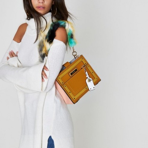 River Island Yellow faux fur handle boxy tote bag – luxe handbags – fluffy shoulder strap bags - flipped