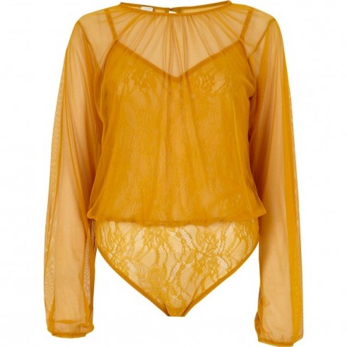 River Island Yellow mesh long sleeve lace bodysuit ~ semi sheer bodysuits - flipped