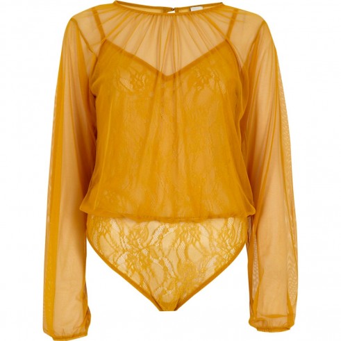 River Island Yellow mesh long sleeve lace bodysuit ~ semi sheer bodysuits